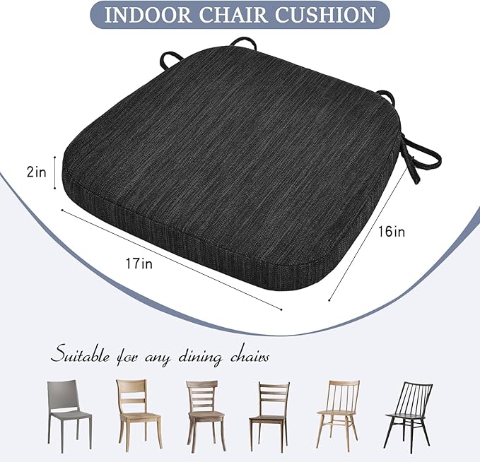 baibu Kitchen Chair Cushions Set of 6, Dual-Layer Patented Design Memory Foam Dining Chair Pads with Ties and Washable Cover, 6 Pack, 17" x 16" x 2", Black