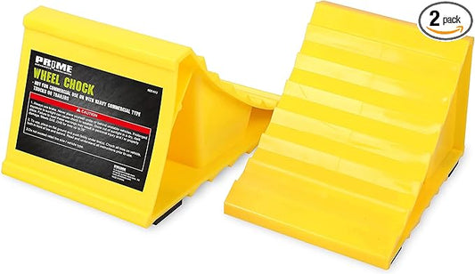 PR1ME Wheel Chocks with Non-Slip Base for RV & Trailer. 2 Pack Heavy Duty Wheel Chock with Bright Yellow. Lightweight Wheel Stoppers for Cars Camper Trucks RVs, Fit for Most Tyre Sizes