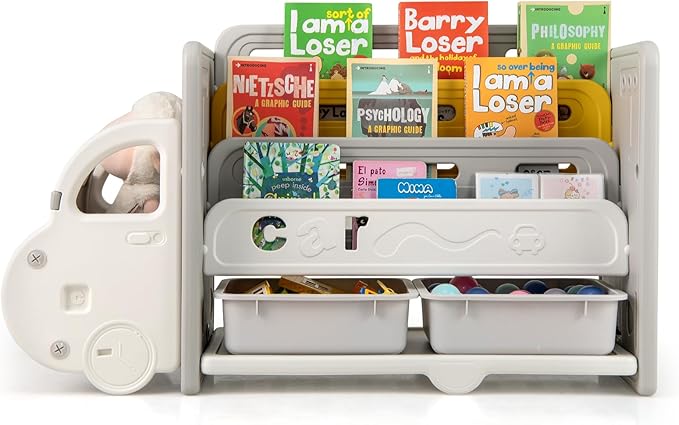 Costzon Car-Shaped Toy Storage Organizer, Car-Shaped 3-Tier Toy Shelf w/Bookshelf, 2 Storage Boxes, Toddler Bookshelf for Preschool, Kindergarten, Kids Room, Playroom, Nursery (Gray)