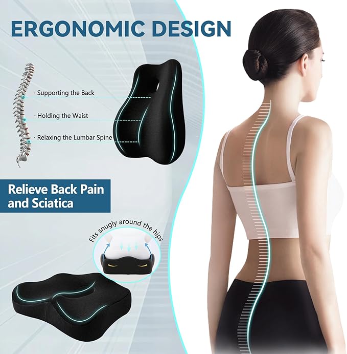 Seat Cushion & Lumbar Support Pillow for Office Chair,Memory Foam Chair Cushions for Tailbone Pain, Non-Slip Back Support for Desk,Gaming Chair,Wheelchair, Breathable & Machine Washable