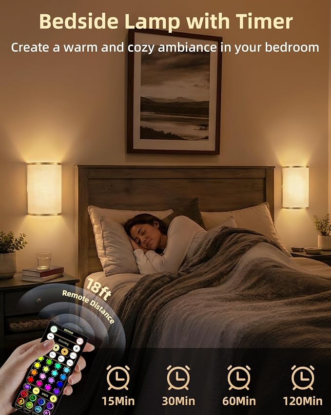 EZVALO Battery Operated Wall Sconce, Wireless Wall Sconces Set of Two with Remote, 3 Color & 80 RGB Rechargeable Wall Lights, Dimmable, Timer, Fabric Linen Shade Wall Decor for Bedroom (White)