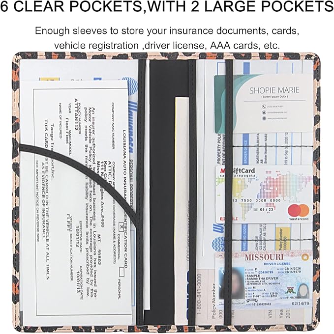 LumiMokki Premium Car Registration & Insurance Card Holder with Magnetic Shut, Vehicle Glove Box Car Organizer - For Documents, Cards, License (Leopard A)