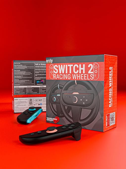 Orzly Steering Wheels – Compatible with Switch 2 (2025 Console) – Twin Pack Racing Wheel Accessories for Joy-Con Controllers and MarioKart Racing Games (2 Black Wheels) Gift Boxed