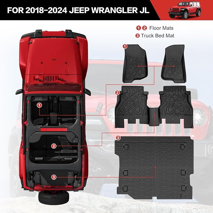 Cargo Liner with Floor Mats Fit for 2018-2025 Jeep Wrangler JL Unlimited 4 Door 4X4, Cargo Mat Durable TPE Floor Liner for 2024 Jeep Wrangler JL/JLU Accessories(Cargo Mat+Floor Mat)