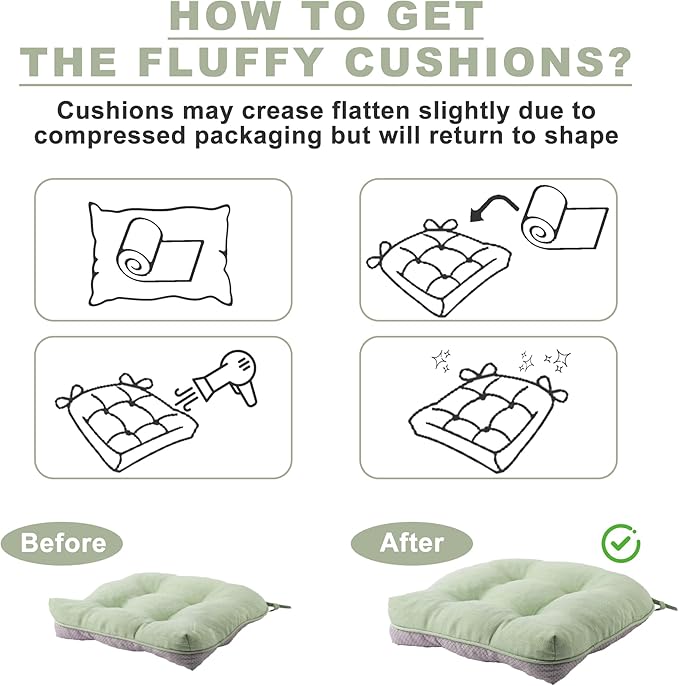 Battilo Chair Cushions Set of 4 for Dining Chairs, Seat Cushions for Kitchen Chairs with Non-Slip Backing, Indoor/Outdoor Waterproof Chair Seat Pads with Ties, 15.5"x15.5"x4", Sage Green