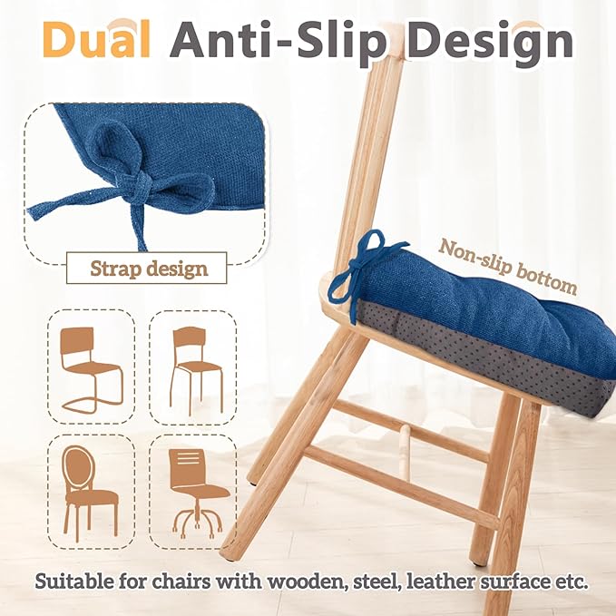 MAGIC ELEPHANT Chair Cushions for Dining Chairs, Memory Foam Kitchen Chair Cushions Set of 4, Non-Slip Thick Dining Room Chair Pads Seat Cushions, 15.5" x 15.5" x 4" (Blue)