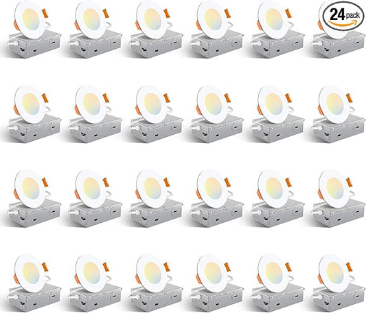 Amico 24 Pack 3 Inch 5CCT Ultra-Thin LED Recessed Ceiling Light with Junction Box, 2700K/3000K/3500K/4000K/5000K Selectable, 7W Eqv 60W, Dimmable Canless Wafer Light, 500LM High Brightness, ETL&FCC
