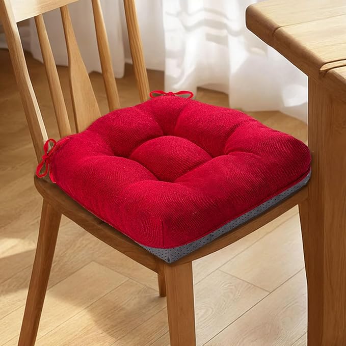 MAGIC ELEPHANT Chair Cushions for Dining Chair, Shredded Memory Foam Kitchen Chair Cushions Set of 4, Non-Slip Thick Dinning Room Chair Pads Seat Cushions, 15.5" x 15.5" x 4" (Red)