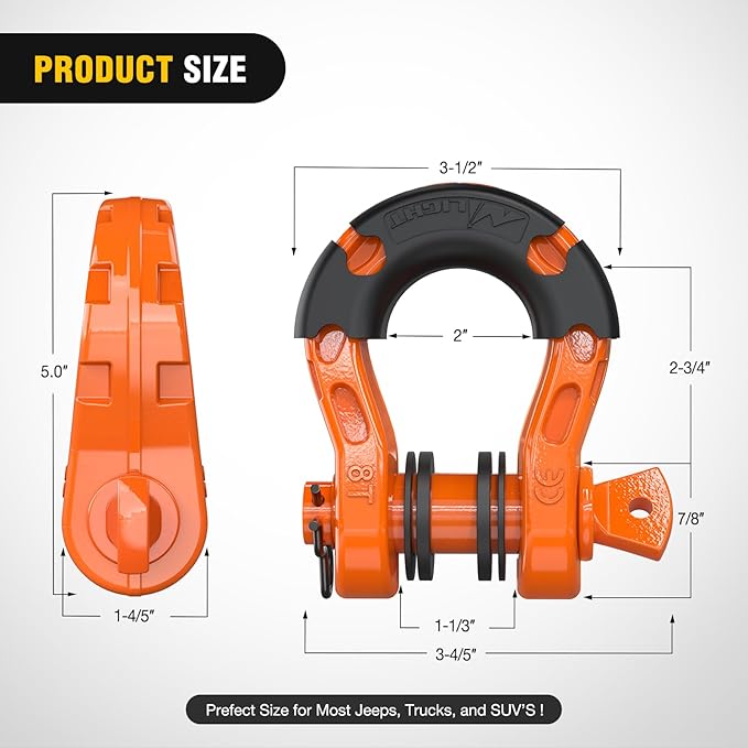 Nilight Heavy Duty Mega D-Ring Shackles(2 Pack) 68,000 lb Break Strength(17,000 lb WLL) w/ 7/8″ Screw Pin & Washers, Forged Steel Off-Road Recovery Shackles for Tow Strap & Winch Gear, Orange