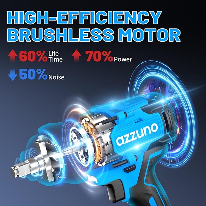 AZZUNO Brushless 1/2 inch Electric Cordless Impact Wrench, 800N.m (590 Ft-lbs), High Torque Electric Wrench, 2x 4.0Ah Battery, Charger & 4 CR-V Sockets, Tool Case