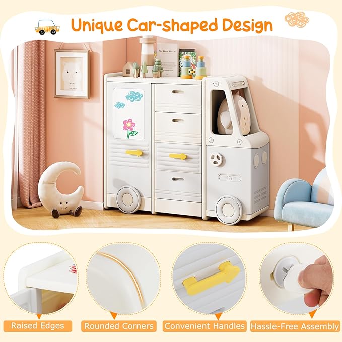 Costzon Kids Toy Storage Organizer, Toy Shelf w/ 4 Pull-Out Drawers, Enclosed Cabinets & Drawing Board, Car-Shaped Kids Bookshelf for Playroom, Toddler Room, Classroom & Nursery