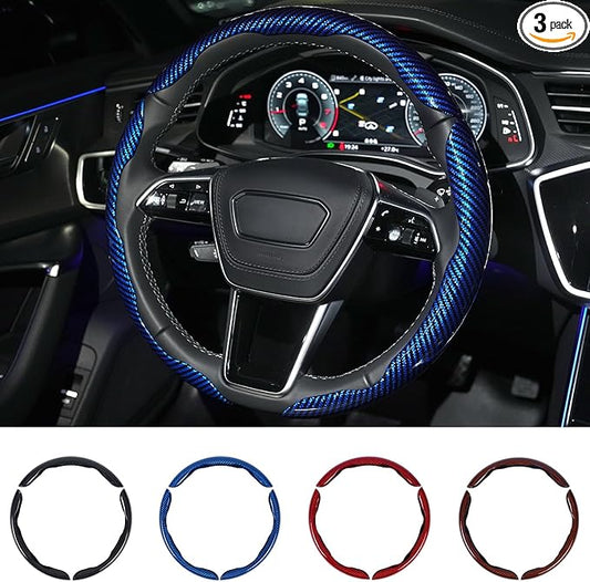 Hiseanllo Carbon Fiber Steering Wheel Cover 3PCS Set – Anti-Slip, Scratch-Resistant, Universal Fit for 14–16 Inch Wheels – Interior Car Accessories for Cars, SUVs, Trucks (Blue)