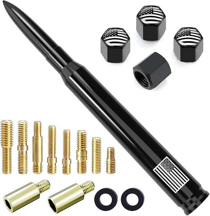 Car Truck Bullet Antenna with Tire Valve Caps American Flag Universal Short Replacement for GMC Sierra Chevy Silverado Dodge Ram 1500 2500 3500 Ford F150 F250 F350 Super Duty Raptor Accessories, Black