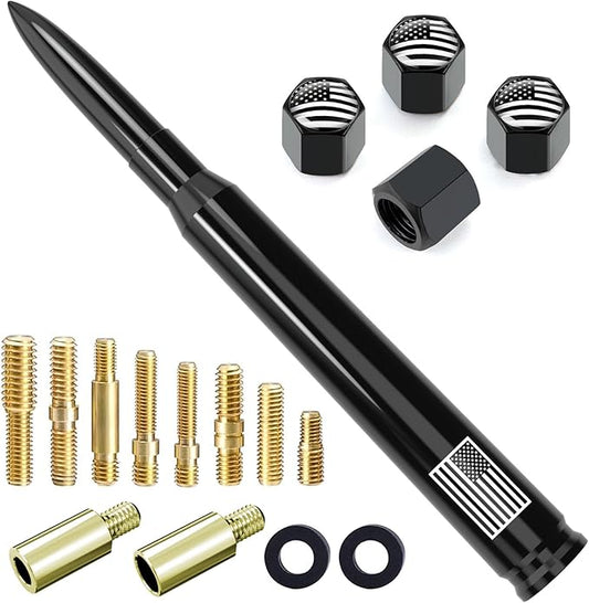 Car Truck Bullet Antenna with Tire Valve Caps American Flag Universal Short Replacement for GMC Sierra Chevy Silverado Dodge Ram 1500 2500 3500 Ford F150 F250 F350 Super Duty Raptor Accessories, Black