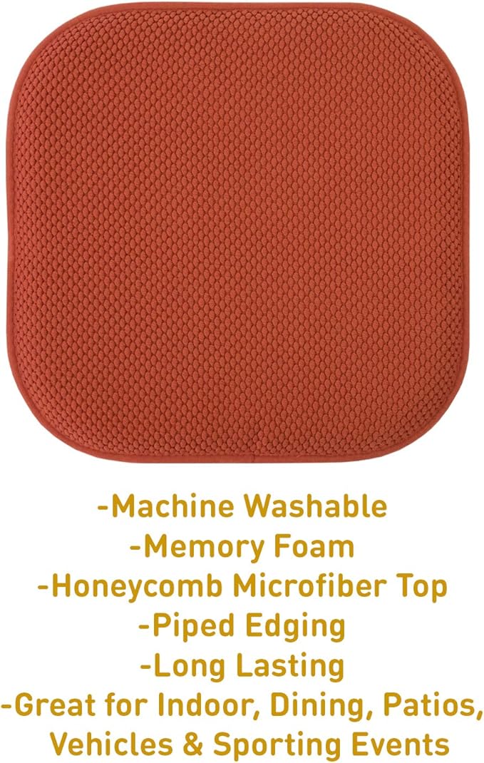 Sweet Home Collection Chair Cushion Memory Foam Pads Honeycomb Pattern Slip Non Skid Rubber Back Rounded Square 16" x 16" Seat Cover, 12 Pack, Rust