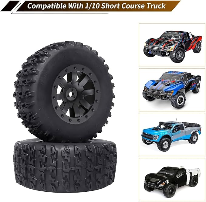 Pre-Glued 1/10 RC Short Course Truck Tires and Wheels Set 12mm Hex for Traxxas Slash 4x4 BL-2S 2WD Redcat Blackout SC Losi SCT Team Associated SC10 HPI, with Foam Inserts (Type 1)