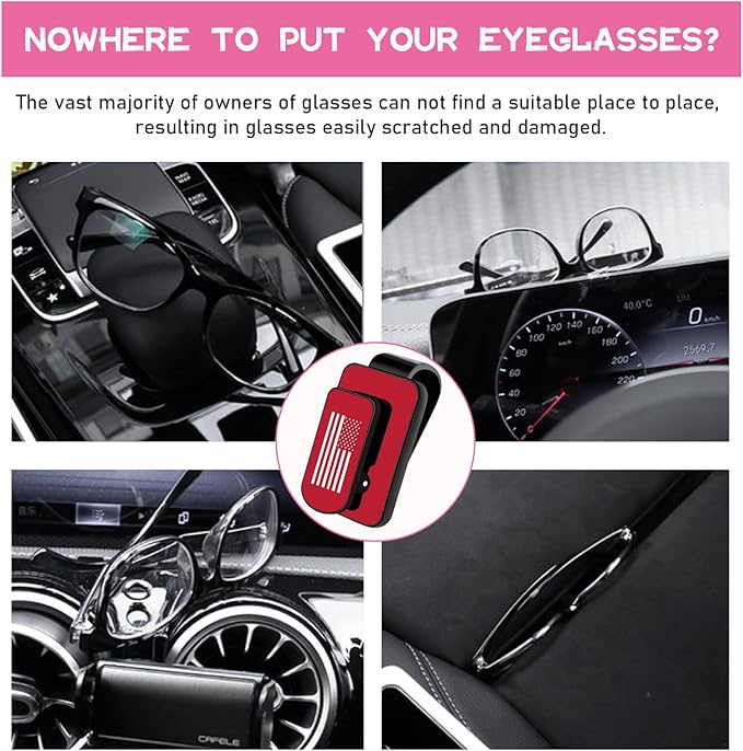 Ohleats Sunglasses Holder for Car Sun Visor, US Flag Metal Auto Eyeglass Hanger Clip, Multi-Function Ticket Card Clip Eyeglasses Mount, Truck Car Accessories for Men Women (Red)