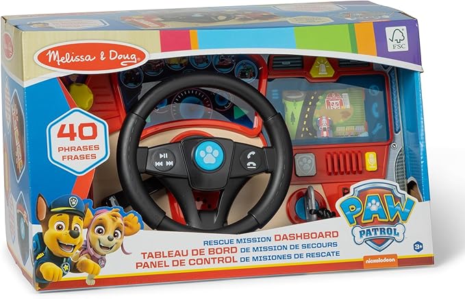 Melissa & Doug PAW Patrol Rescue Mission Wooden Dashboard – Interactive Steering Wheel Toy for Pretend Play Driving, with Lights & Sounds, PAW Patrol Toddler Toys for Kids Ages 3+