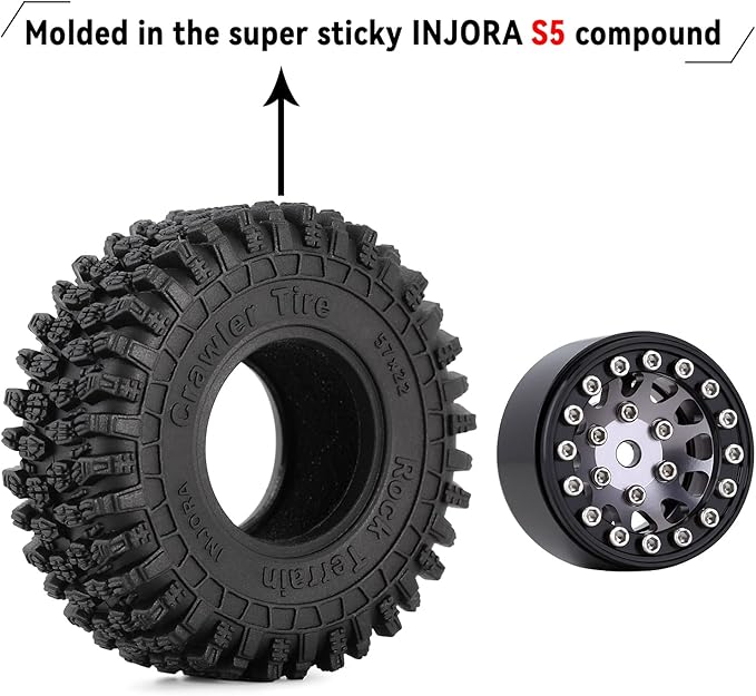 INJORA 1.0 Beadlock Wheel S5 Super Soft Sticky Crawler Tires for TRX4M Axial AX24 SCX24 FCX24 Enduro24 Upgrade, 57 * 22mm(Black&Grey)