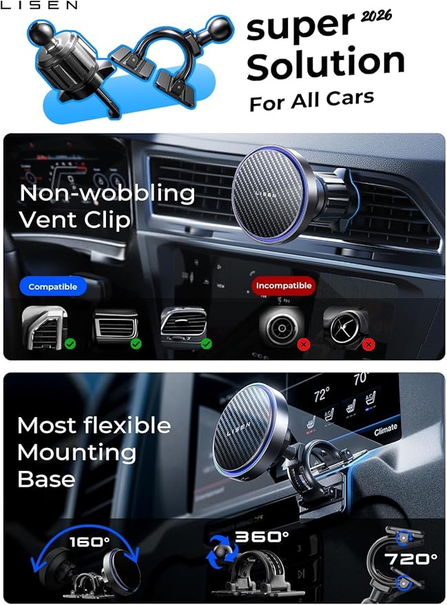 LISEN for 15W MagSafe Car Mount Charger,Wireless Car Charger,Magnetic Phone Holder for Car,Phone Holders for Your Car Accessories for Women Men Jeep Ford F150 for iPhone 17 16 15 14 13 12,Samsung