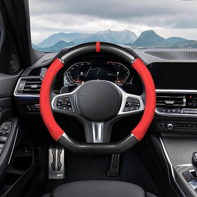 Ergocar Car Steering Wheel Cover Non-Slip Car Steering Wheel Protector Sport D-Shape Carbon Fiber & PU Leather Universal for Diameter 38cm(15") (Black-red-Stripe-U)