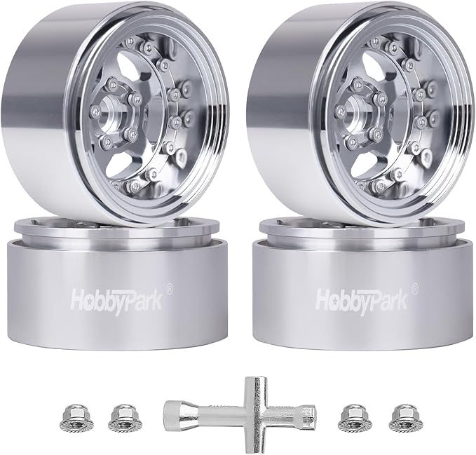 HobbyPark Negative Offset -10mm 1.9 Beadlock Wheels Deep Dish Aluminum Chrome for Scale 1/10 RC Crawler Axial SCX10 TRX4 VS4-10 Redcat Gen8 RC4WD D90 Rock Crawler Truck, 4pcs