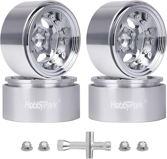 HobbyPark Negative Offset -10mm 1.9 Beadlock Wheels Deep Dish Aluminum Chrome for Scale 1/10 RC Crawler Axial SCX10 TRX4 VS4-10 Redcat Gen8 RC4WD D90 Rock Crawler Truck, 4pcs