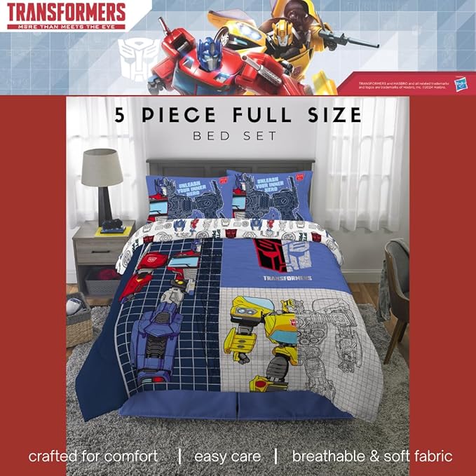 Transformers Optimus Prime Kids Bedding Super Soft Microfiber Comforter and Sheet Set, 5 Piece Full Size, (Officially Licensed Product) by Franco