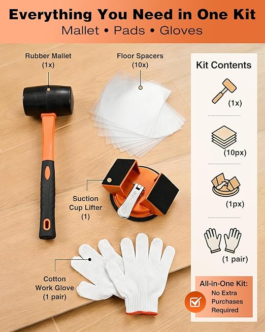 Saker Floor Gap Fixer Tool Kit with Mallet, 10PCS Washable Pads & Gloves, Suction Cup Tool for Laminate Floor Gap Repair, Vinyl Plank & Wood Floors (Single Suction Cup+Rubber Mallet)