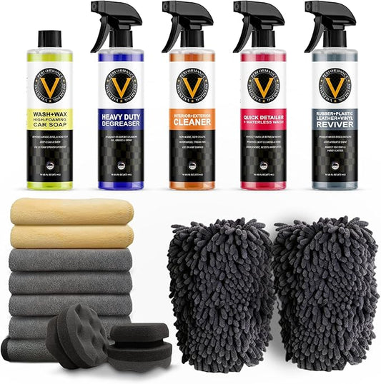 VPD Starting Line Kit - Complete Auto Care Set with Heavy Duty Degreaser, Wash & Wax, Quick Detailer, Interior & Exterior Cleaner, Rubber Vinyl Plastic Reviver, Microfiber Towels, Applicators & Mitts