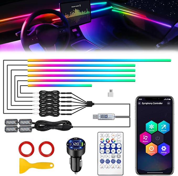 Dreamcolor Acrylic Interior Car LED Strip Light with USB/Type C/4-Port Cigarette Lighter, RGB 10 in 1 with 187 inches 650 LEDs Ambient Lighting Kits, Sound Active Function Neon Led Strips for Car