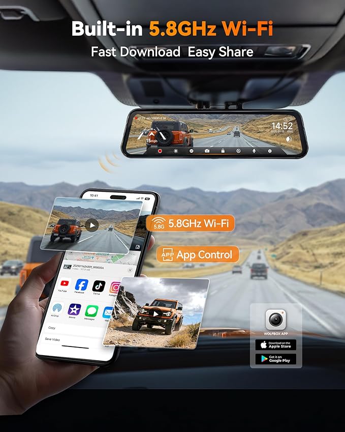 WOLFBOX G900 Tripro Bumper-N 3 Channel 4K Mirror Dash Cam, 4K+2.5K+1080P Front Rear & Bumper Camera,8MP STARVIS 2 IMX 678 Night Vision,12" Smart Screen for Off-Road & Blind Spot(SD Card Not Included)