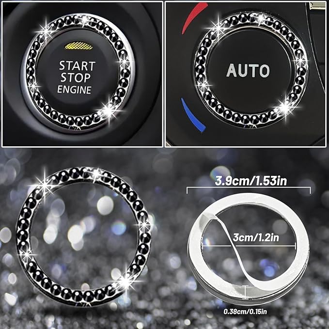 NBTEPEM 12 Pcs Bling Car Accessories Set for Women Car Floor Mats Full Set Steering Wheel Cover Seat Belt Covers Coasters Universal Fit Car SUV Truck Van Black
