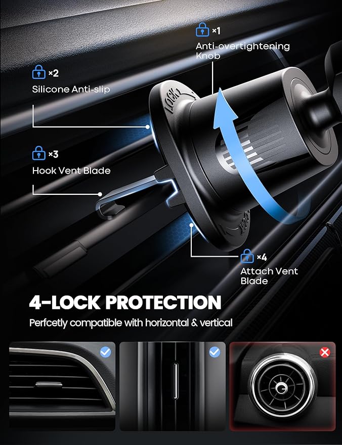 Lamicall 2026 Wider Clamp & Metal Hook Car Phone Holder Vent [Thick Cases Friendly] Phone Holders for Your Car Mount Automobile Hands Free Cradle Air Vent for iPhone 17 16 15 Pro Max Lucite Black