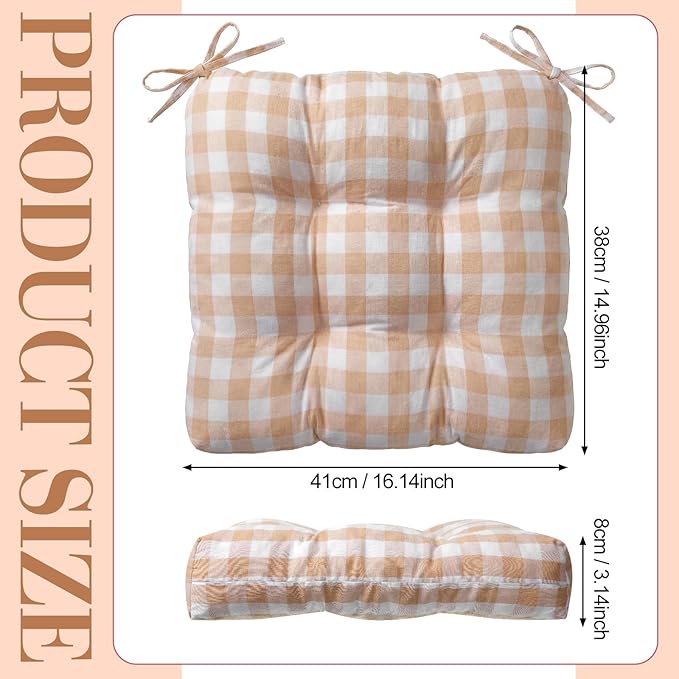 Geetery 4 Pack Chair Cushions for Dining Chairs, 16" x 15" Khaki and White Kitchen Chair Cushions with Ties Buffalo Plaid Soft Comfy Seat Pads for Home Office Living Room Outdoor Indoor