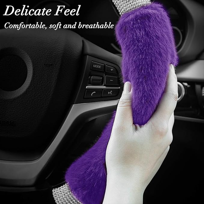 Achiou Rhinestone Fluffy Steering Wheel Cover - Comfortable Non-Slip Luxury Faux Wool, Universal Fit for 14.5" to 15" Steering Wheels