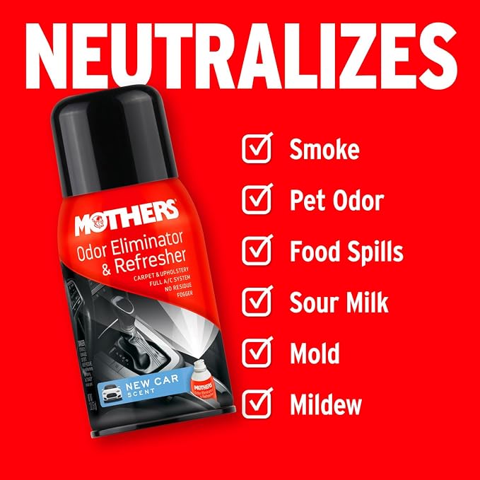 Mothers Odor Eliminator & Refresher, New Car Scent, 2 oz. Aerosol – Whole-Car Fogger Neutralizes Smoke, Pet, Food & Mildew Odors with CMM® Technology, Freshens Cabin & Vent Ducts (06811)
