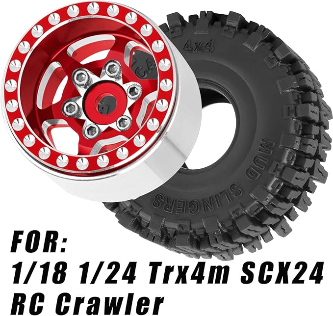 RC 1.0 Beadlock Truck Tires for 1/18 1/24 Trx4m SCX24 RC Crawler,RC Wheels Tires.Aluminum 1.0‘’ Beadlock Wheel Rim&1.0in Tires Tyres.Red(4PCS)