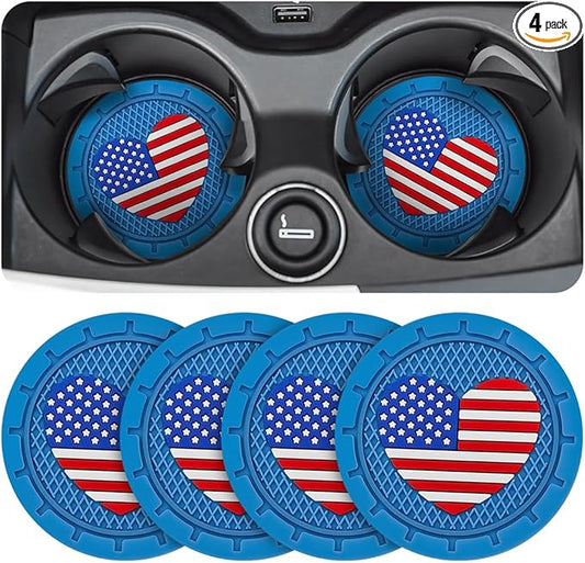 AUCELI 4 Pack Car Cup Holder Coasters, Colored American Flag US Flag Insert Car Cup Coaster, 2.75 Inch Anti Slip Shockproof Embedded Drink Mat, Vehicle Interior Decor Accessories