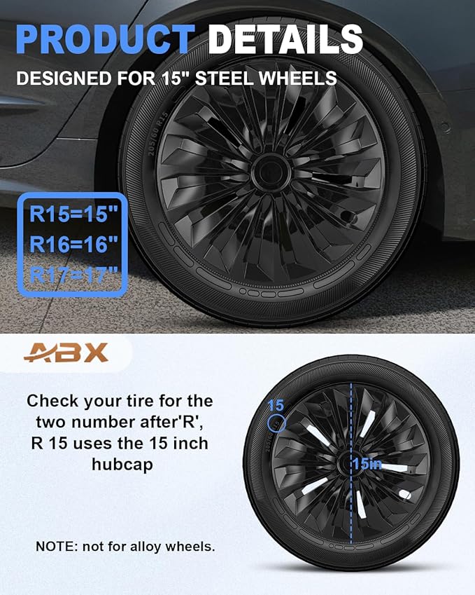 ABX Hubcap Wheel Covers Hub Caps 15 Inch Set of 4 Black Universal Wheel Rim Cover R15 Stylish Car Decor Wheel Covers for Toyota Camry Nissan Mazda (TT Black, 15 inch)