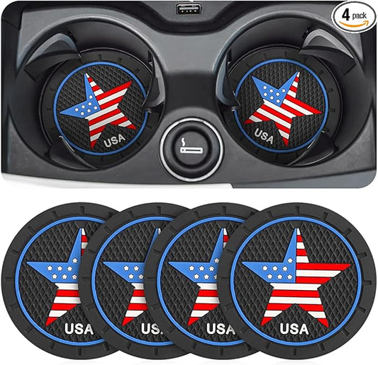 AUCELI 4 Pack Car Cup Holder Coasters, Colored American Flag US Flag Insert Car Cup Coaster, 2.75 Inch Anti Slip Shockproof Embedded Drink Mat, Vehicle Interior Decor Accessories