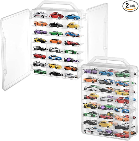 2Pcs Double Sided 1/64 Scale Toy Car Storage Case with Carrying Handle, Portable Transparent Storage Case Compatible with Matchbox Car Hot Wheels, 92 Slot Transparent Organizer for 96 Toy Cars