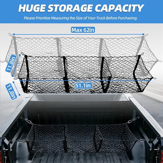 3 Pocket Truck Bed Cargo Net, Heavy Duty Truck Bed Storage Organizer with Super-Stretch Elastic,Universal Cargo Netting for Pickup Trucks SUV RV – Fits Ford F-150 Toyota Tacoma Chevrolet Silverado