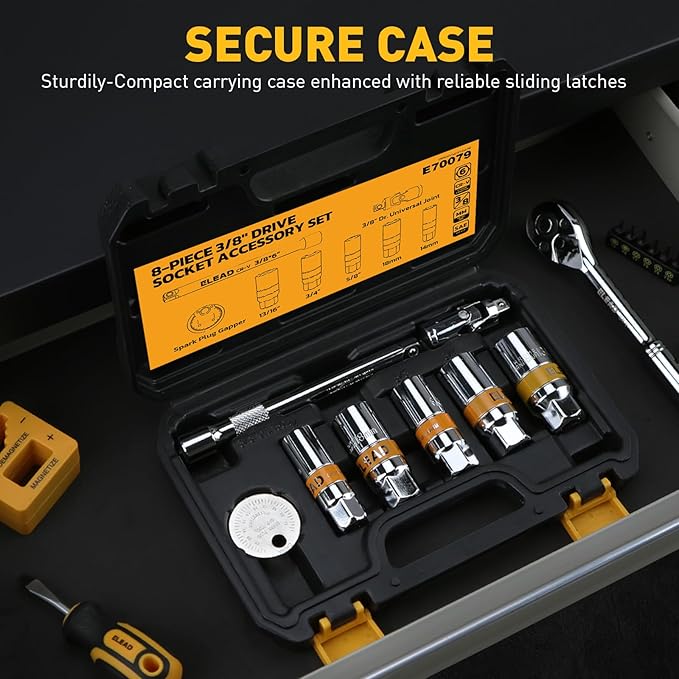 ELEAD 8-Piece 3/8" Drive Spark Plug Socket Set with Universal Joint, Spark Plug Gapper and 6" Extension Bar, SAE & Metric, 5/8", 3/4", 13/16", 14mm, 18mm, CR-V Sockets with Rubber Holding Rings