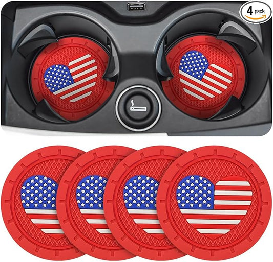 AUCELI 4 Pack Car Cup Holder Coasters, Colored American Flag US Flag Insert Car Cup Coaster, 2.75 Inch Anti Slip Shockproof Embedded Drink Mat, Vehicle Interior Decor Accessories