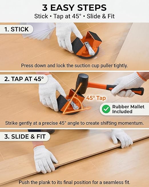 Saker Floor Gap Fixer Tool Kit with Mallet, 10PCS Washable Pads & Gloves, Suction Cup Tool for Laminate Floor Gap Repair, Vinyl Plank & Wood Floors (Single Suction Cup+Rubber Mallet)