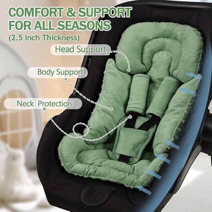 Infant Car Seat Insert Boy Girl, 3 in 1 Newborn Carseat Insert with Strap Pads, Car Seat Head Support for Baby Strollers, Swings, and Bouncers, Comfortable and Machine Washable, Forest Green