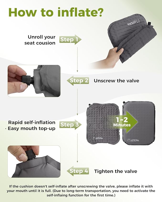 ATEPA Inflatable Seat Cushion, Compact Self-Inflating Seat Cushion for Stadium Airplane Air Travel Bleacher Camping, Blow Up Foam Seat Pad for Outdoor Sports Events Backpacking Hiking Sitting