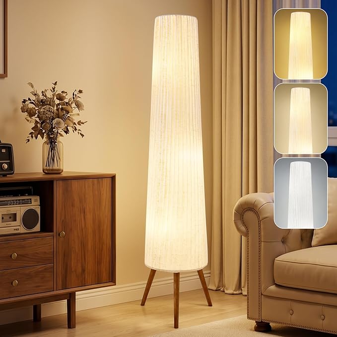 GyroVu 60 Inch Oatmeal Wood Floor Lamp, Color Temperature Adjustable Softlighting Corner Lamp, 3 Bulbs Standing Lamp, Creative Ambient Light for Living Room Bedroom&Office-Bulbs Included