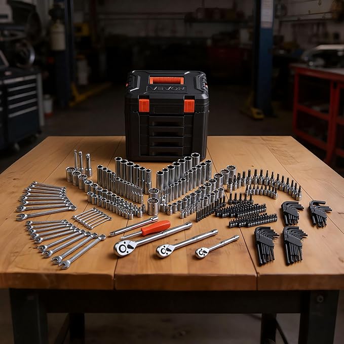 VEVOR Mechanics Tool Set, 297-Piece Mechanic Tool Kit, 1/4 in, 3/8 in, and 1/2 in Drive, SAE and Metric Socket Set, Wrenches, Screwdriver Bits, Accessories, and Storage Case, for Automotive Repair